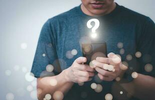 Business people use mobile, to find the information they have questions about online. the concept of global data connection with technology internet, big data, information search, online marketing photo