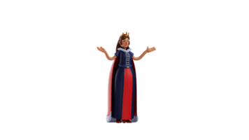 3D illustration. Sweet Queen 3D cartoon character. The queen spread her hands. The queen smiled and showed her beauty. happy cinderella. 3D cartoon character png