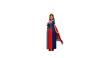 3D illustration. Surprised Queen 3D cartoon character. The beautiful queen stood up and held her chest with one hand. Queen showed her surprised expression. 3D cartoon character png