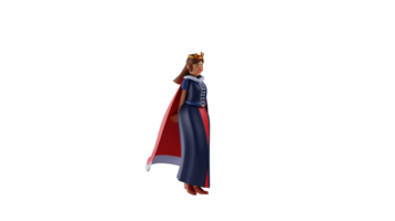 3D illustration. Sad Princess 3D cartoon character. Beautiful royal princess lowered her head and showed a sad expression. Princess stood up and hid her hands behind her back. 3D cartoon character png
