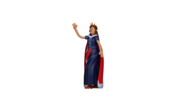 3D illustration. Royal Queen 3D cartoon character. Queen with a pose calling someone in front of her. The charming queen waved and wanted to say something. 3D cartoon character png