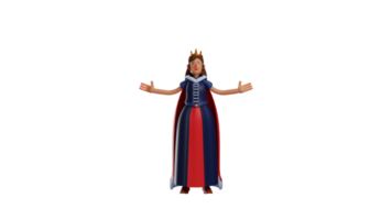 3D illustration. Relaxed Queen 3D cartoon character. The queen stood while stretching her arms. The queen closed her eyes and enjoyed the air around her. 3D cartoon character png