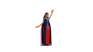 3d ilustração. elegante rainha 3d desenho animado personagem. a rainha acenou 1 mão às alguém. a rainha estava chamando alguém quem estava dentro frente do dela. 3d desenho animado personagem png