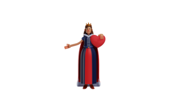3D illustration. Charming Princess 3D cartoon character. Princess carries a heart symbol and spreads one hand. The beautiful princess smiles sweetly to everyone she meets. 3D cartoon character png