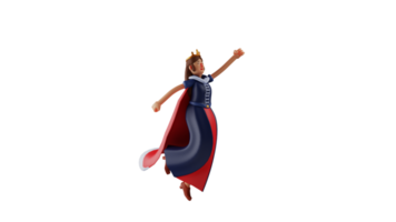 3D illustration. Unique Queen 3D cartoon character. Queen in superhero pose. Queen jumps up and raises her arms in a flying pose. Queen looks very happy. 3D cartoon character png