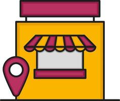 mapa alfiler con tienda o Tienda edificio icono en rosado y amarillo color. vector