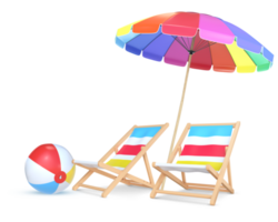 3d renderen zomer kleurrijk strand paraplu, strand stoelen en strand bal png