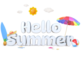 3D Rendering White Hello Summer Word With Summer Objects png