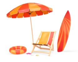 3d representación verano naranja playa paraguas, playa silla, tabla de surf y nadando anillo png