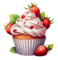 red cupcake with strawberries and cream illustration. isolated object transparent background. AI Generated png