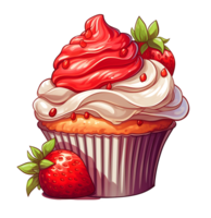 red cupcake with strawberries and cream illustration. isolated object transparent background. png