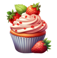 red cupcake with strawberries and cream illustration. isolated object transparent background. AI Generated png