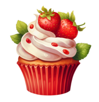 red cupcake with strawberries and cream illustration. isolated object transparent background. png