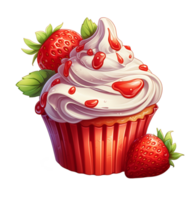 rot Cupcake mit Erdbeeren und Sahne Illustration. isoliert Objekt transparent Hintergrund. ai generiert png