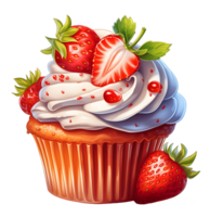 red cupcake with strawberries and cream illustration. isolated object transparent background. AI Generated png