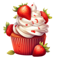 red cupcake with strawberries and cream illustration. isolated object transparent background. png