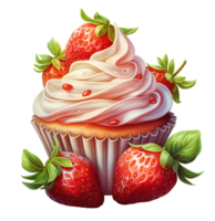 red cupcake with strawberries and cream illustration. isolated object transparent background. png