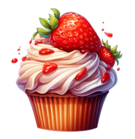 red cupcake with strawberries and cream illustration. isolated object transparent background. png