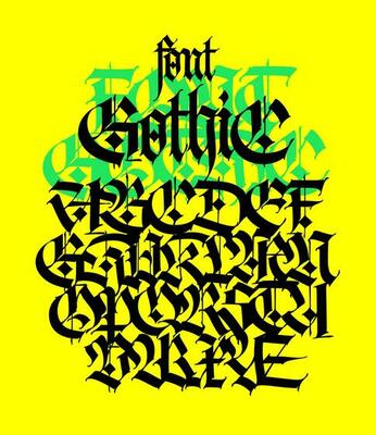 WebGothic. Vector. Uppercase letters on a yellow background. Beautiful and stylish calligraphy. Elegant European typeface for tattoo and design. Medieval Germanic modern style.