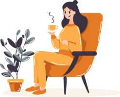 Hand Drawn woman character sitting and drinking coffee in flat style png