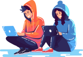 Hand Drawn couple sitting and using laptop in flat style png