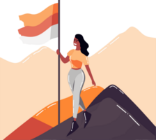 Hand Drawn Businesswoman with flag on top of mountain in flat style png