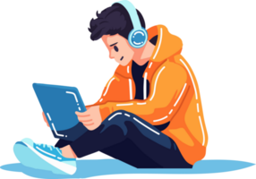 Hand Drawn boy sitting and using laptop in flat style png