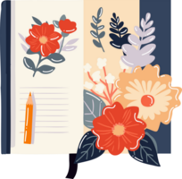 Hand Drawn notebook with flowers in flat style png