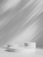 Simple white minimal background with product display platform. Empty studio with circle podium pedestal on a shadow backdrop. photo