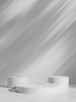 Simple white minimal background with product display platform. Empty studio with circle podium pedestal on a shadow backdrop. photo