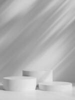 Simple white minimal background with product display platform. Empty studio with circle podium pedestal on a shadow backdrop. photo