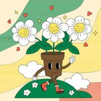 A Flower Pot with Eyes with Smiling Daisies walks around the Field and Makes a Sign of Peace with his hand vector