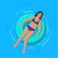 contento mujer en traje de baño flotante en caucho anillo en nadando piscina o en el mar. relajación, disfrutando vida concepto. vector ilustración.