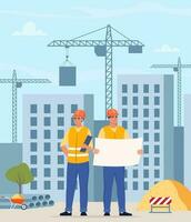 Construction workers, industrial technician builders over city construction site. Tower cranes building residential buildings. Man and woman engineer in uniform and orange protective helmet. Vector. vector