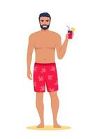 hombre en pantalones cortos en pie en el playa con cóctel en su mano y sonriente. verano vacaciones hermosa chico en nadando bañador. vector ilustración.