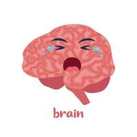 Sick brain with pain ache or disease. Sad cartoon character brain, body organ injured or unhealthy. Human cartoon anatomy, kids medicine. Vector illustration.