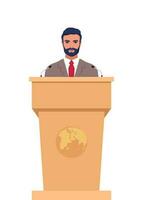 Man in a business suit stands on a rostrum in front of the microphones. Man orator speaking from tribune. Vector illustration.