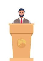 Man in a business suit stands on a rostrum in front of the microphones. Man orator speaking from tribune. Vector illustration.