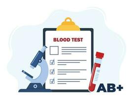 Analysis to determine the blood group. Medical blood test concept. Patient blood in test tubes, microscope, exam checklist. Vector illustration.