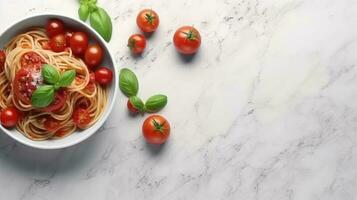 Top view of beautiful delicious tomato spaghetti with copy space, famous Italian dish. Generative AI photo