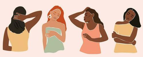 Contemporary abstract images of silhouettes of relax women loving themselves with beautiful body and hair. Vector graphics.