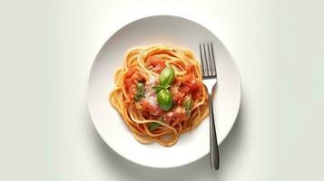 Top view of beautiful delicious tomato spaghetti with copy space, famous Italian dish. Generative AI photo