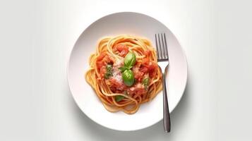 Top view of beautiful delicious tomato spaghetti with copy space, famous Italian dish. photo