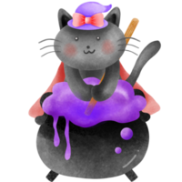 Black cat preparing a witchy potion for Halloween. png