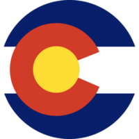 Colorado circle flag. State of Colorado symbol. USA circular shape button banner. Png icon.