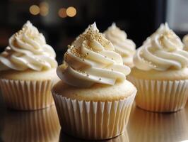 Tasty homemade vanilla cupcakes. photo