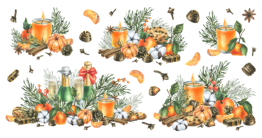 Christmas decor with tangerines, champagne. sweets and pine branches. Watercolor illustration, hand drawn for congratulations and holiday.. A set isolated compositions png