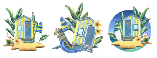 The beach cabin is striped blue and yellow, surfboard, road sign, tropical leaves, frangipani flowers and sea wave. Watercolor illustration, hand drawn. A set compositions isolated png