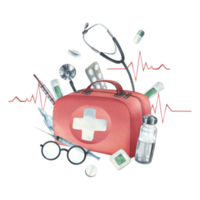 Red medical case, first aid kit with stethoscope, injections, plaster, pills and glasses. Watercolor illustration, hand drawn. Composition isolated png