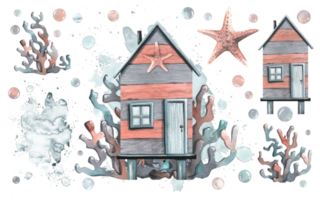 Beach, fishing hcabin, striped, wooden with starfish and corals on the background of spots and splashes of water. Watercolor illustration hand drawn. Composition with elements png